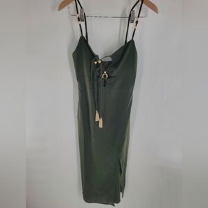 Summer Olive Green Midi Dress with Tassel Accents | Size M